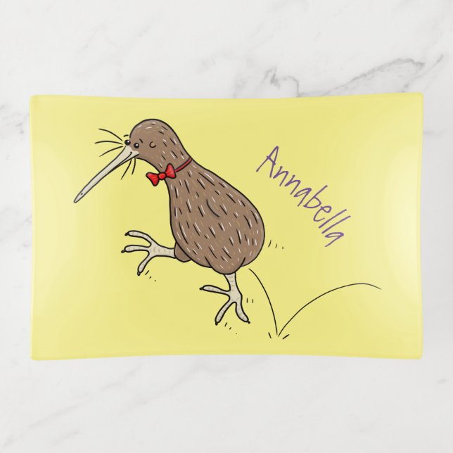 Happy jumping kiwi with bow tie cartoon design trinket tray (Front)