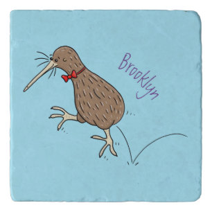Happy jumping kiwi with bow tie cartoon design trivet