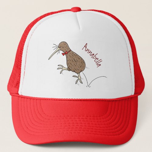 Happy jumping kiwi with bow tie cartoon design trucker hat