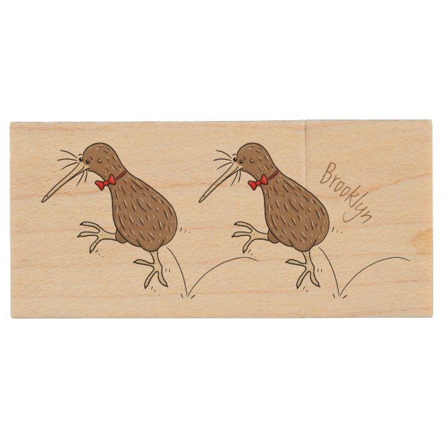 Happy jumping kiwi with bow tie cartoon design wood flash drive (Front)