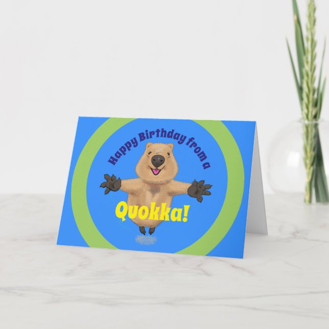Happy jumping quokka cartoon birthday card (Front)