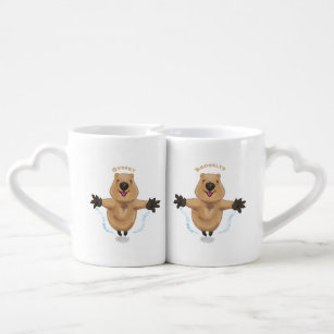 Happy jumping quokka cartoon design coffee mug set