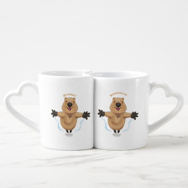 Happy jumping quokka cartoon design coffee mug set (Back Nesting)