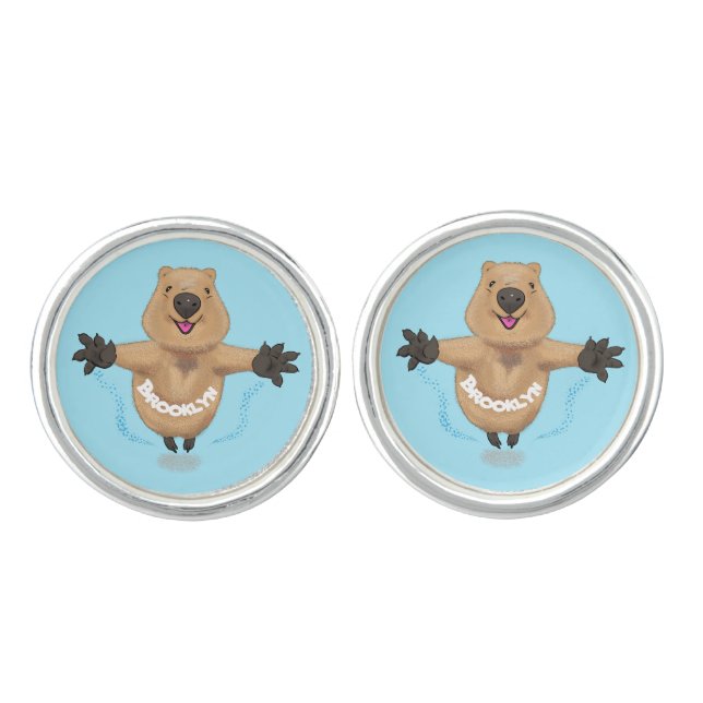 Happy jumping quokka cartoon design cufflinks (Front)