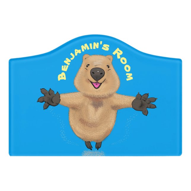 Happy jumping quokka cartoon design door sign (Small Crest Front)