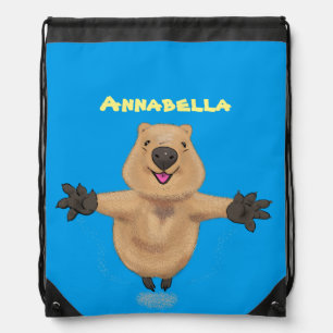 Happy jumping quokka cartoon design drawstring bag