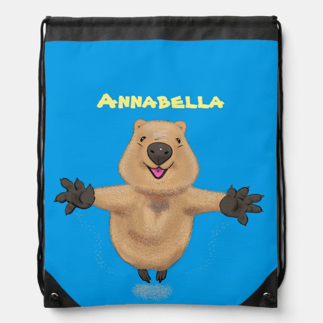 Happy jumping quokka cartoon design drawstring bag (Front)