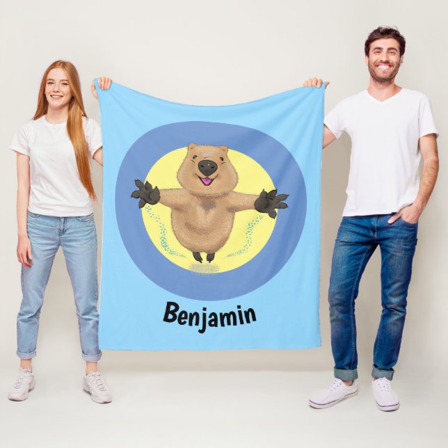 Happy jumping quokka cartoon design fleece blanket (In Situ)