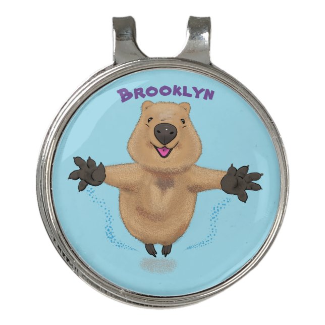 Happy jumping quokka cartoon design golf hat clip (Front)