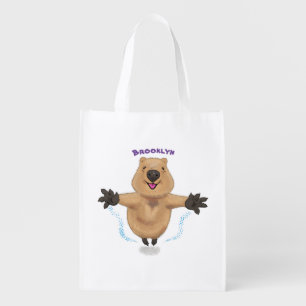 Happy jumping quokka cartoon design grocery bag