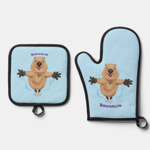 Happy jumping quokka cartoon design oven mitt  pot holder set