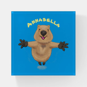 Happy jumping quokka cartoon design paperweight
