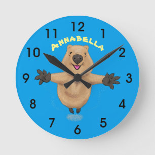 Happy jumping quokka cartoon design round clock