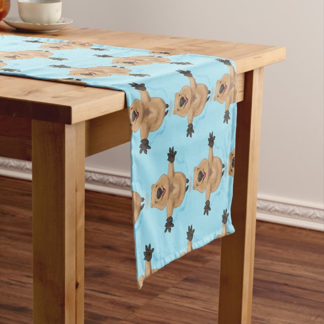 Happy jumping quokka cartoon design short table runner (In Situ)