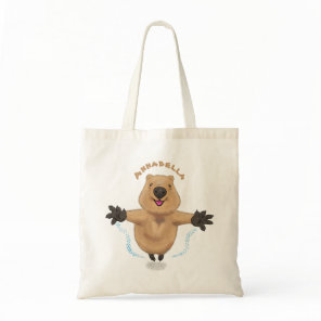 Happy jumping quokka cartoon design tote bag