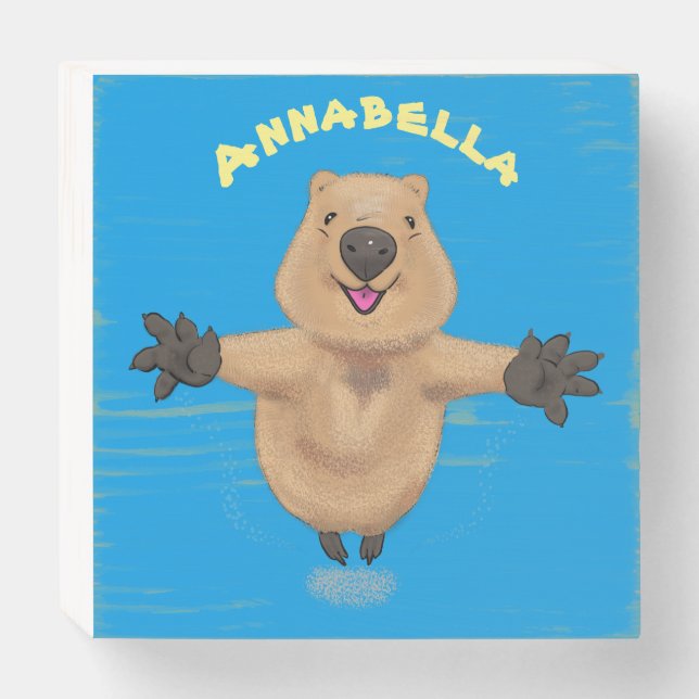 Happy jumping quokka cartoon design wooden box sign (Front Horizontal)