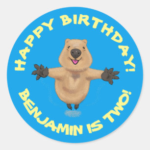 Happy jumping quokka personalized cartoon birthday classic round sticker