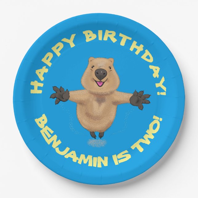 Happy jumping quokka personalized cartoon birthday paper plates (Front)