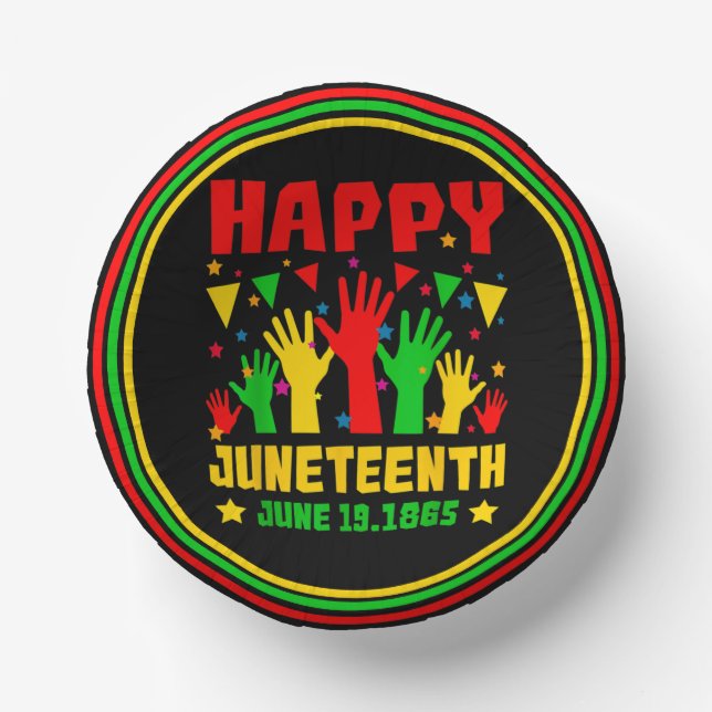 Happy Juneteenth Black Red Green Yellow Hands Paper Bowls (Front)