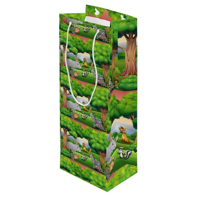 Happy Jungle Animals in a Landscape  Wine Gift Bag (Back Angled)