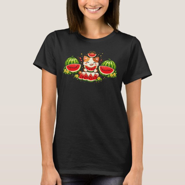 Happy Kawaii Cat with Watermelon Illustration T-Shirt (Front)
