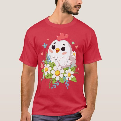 Happy kawaii chicken with flowers T_Shirt