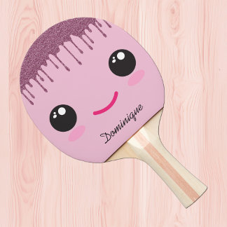 Happy Kawaii Face Faux Glitter Customizable Name Ping Pong Paddle