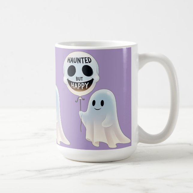 Happy Kawaii Ghost with Skull Balloon Coffee Mug (Right)