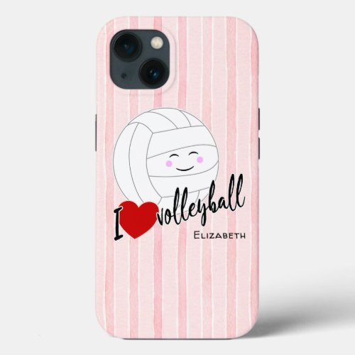 happy kawaii I love volleyball heart pink stripes iPhone 13 Case