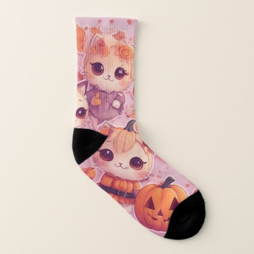  Happy Kawaii Kitten Halloween Orange purple Socks