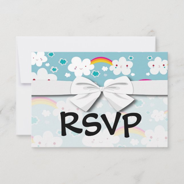 happy kawaii rainbow and cloud sky pattern RSVP card (Front)