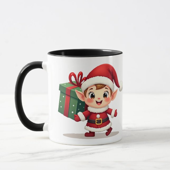 Happy Kawaii Santa's Elf Helper Carrying Gift Mug (Left)