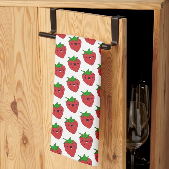 Happy Kawaii Strawberry Kitchen Towel (Thirds Fold)