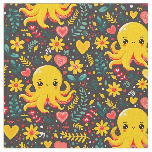 Happy kawaii yellow octopus and florals dark fabric