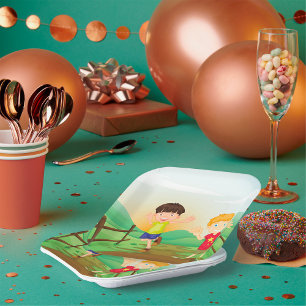Happy Kids Playing Outdoors Paper Plates