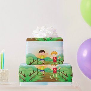 Happy Kids Playing Outdoors Wrapping Paper