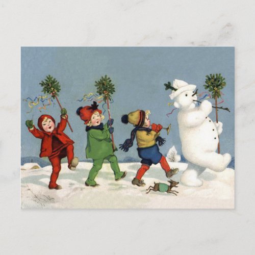Happy kids walking with snowman vintage holiday postcard