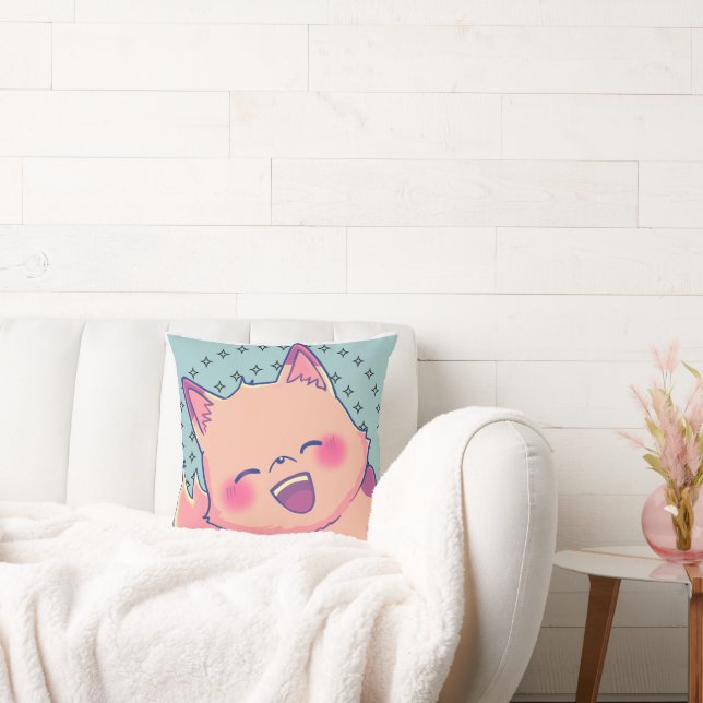 Happy Kitsune Throw Pillow (Couch)