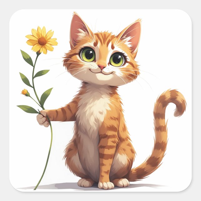 Happy Kitten Holding yellow Flower 🌺 Square Sticker (Front)