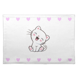 Happy Kitty Cat and Pink Hearts on White Cloth Placemat