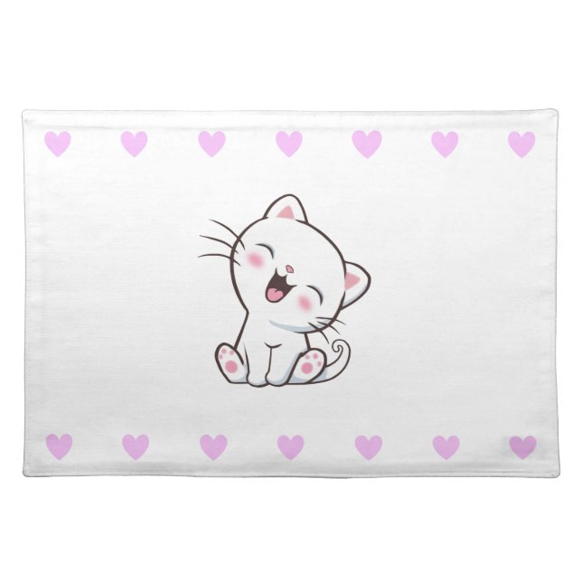 Happy Kitty Cat and Pink Hearts on White Cloth Placemat (Front)