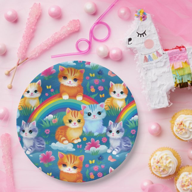 Happy Kitty Cats on Rainbow Clouds Paper Plates (Party)