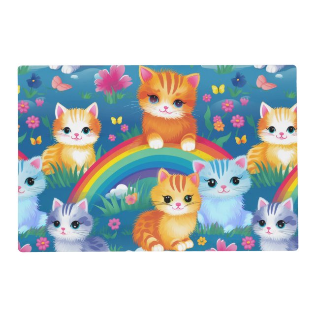 Happy Kitty Cats on Rainbow Clouds Placemat (Front)
