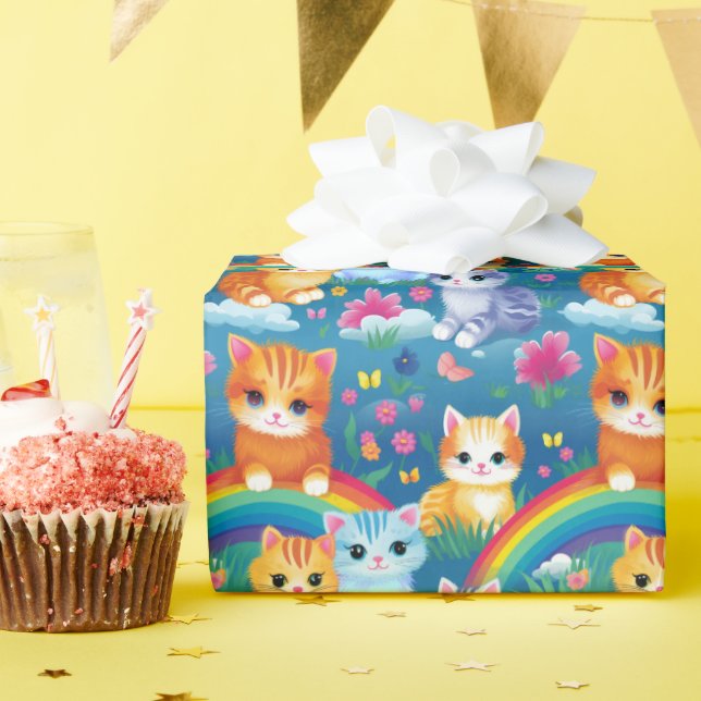 Happy Kitty Cats on Rainbow Clouds Wrapping Paper (Birthday Party)