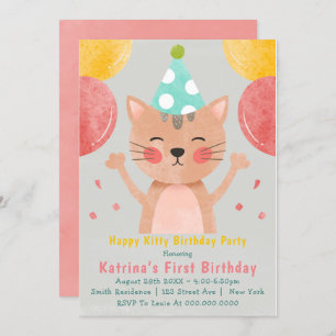 Happy Kitty First Birthday Invitations
