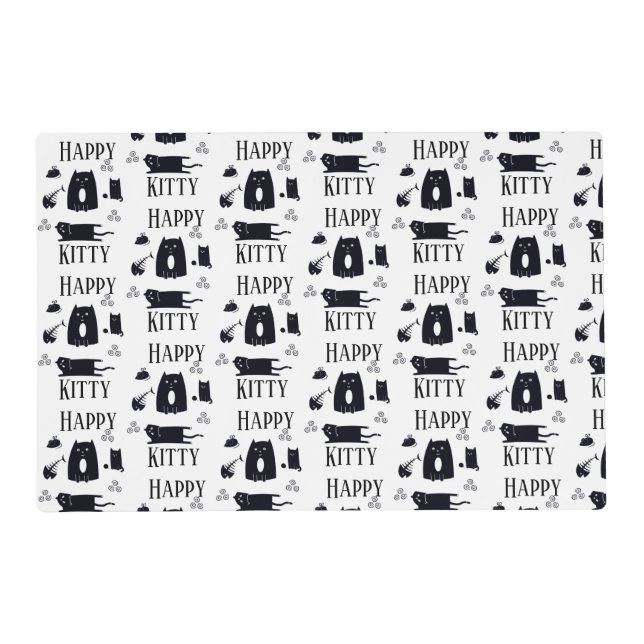 Happy Kitty Funny Black Cats Pet Food Mat (Front)