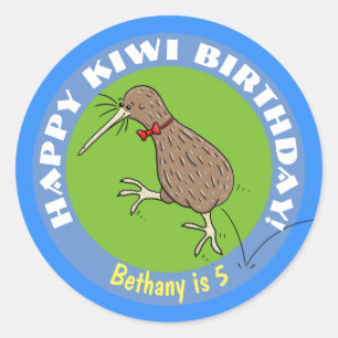 Happy kiwi cartoon bird with bow tie classic round sticker