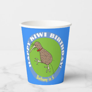 Happy kiwi cartoon bird with bow tie paper cups
