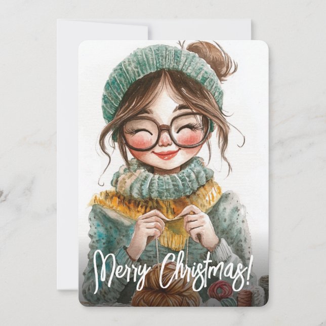 Happy Knitter Cozy Winter Crafting Xmas Holiday Card (Front)