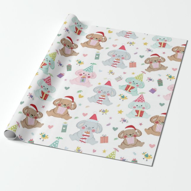 Happy Koala Bear Christmas Pattern Wrapping Paper (Unrolled)